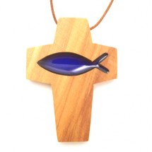 Croix de cou en Olivier - Vitrail Poisson bleu