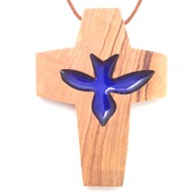 Croix de cou bois d'Olivier - Vitrail Colombe bleu