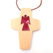 Croix de cou Olivier - Vitrail Ange rouge