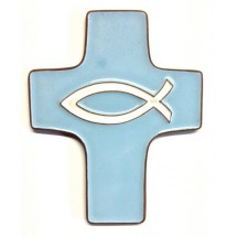 Croix céramique bleu clair poisson blanc