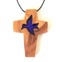 Croix de cou Olivier - Vitrail colombe Bleue