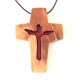 Croix de cou Olivier - Vitrail Christ bras ouverts rouge