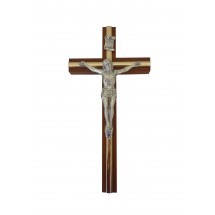 Crucifix bois foncé filet métal 16cm