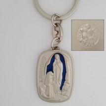 Porte-clefs métal émail bleu ND Lourdes / St Christophe
